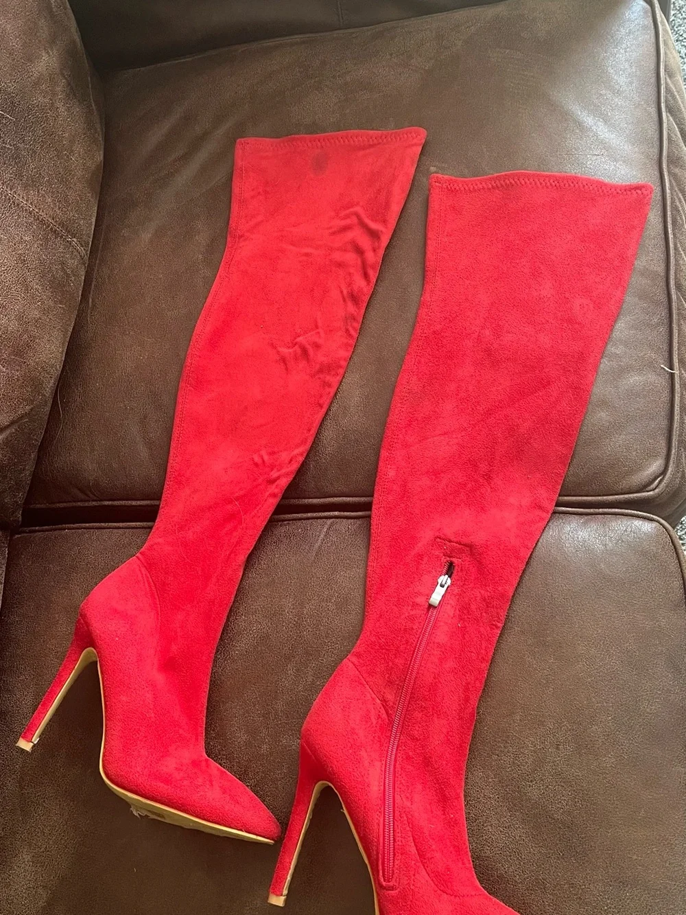 Red Suede Over-the-Knee Stiletto Boots - Women's 39 8 ?